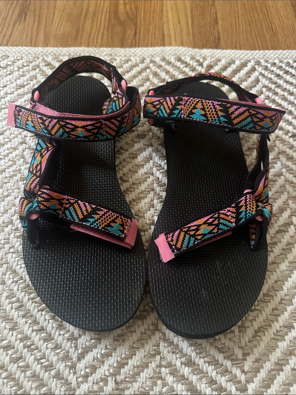 Women's Teva Black Sandals with Pink & Teal Patterned Straps